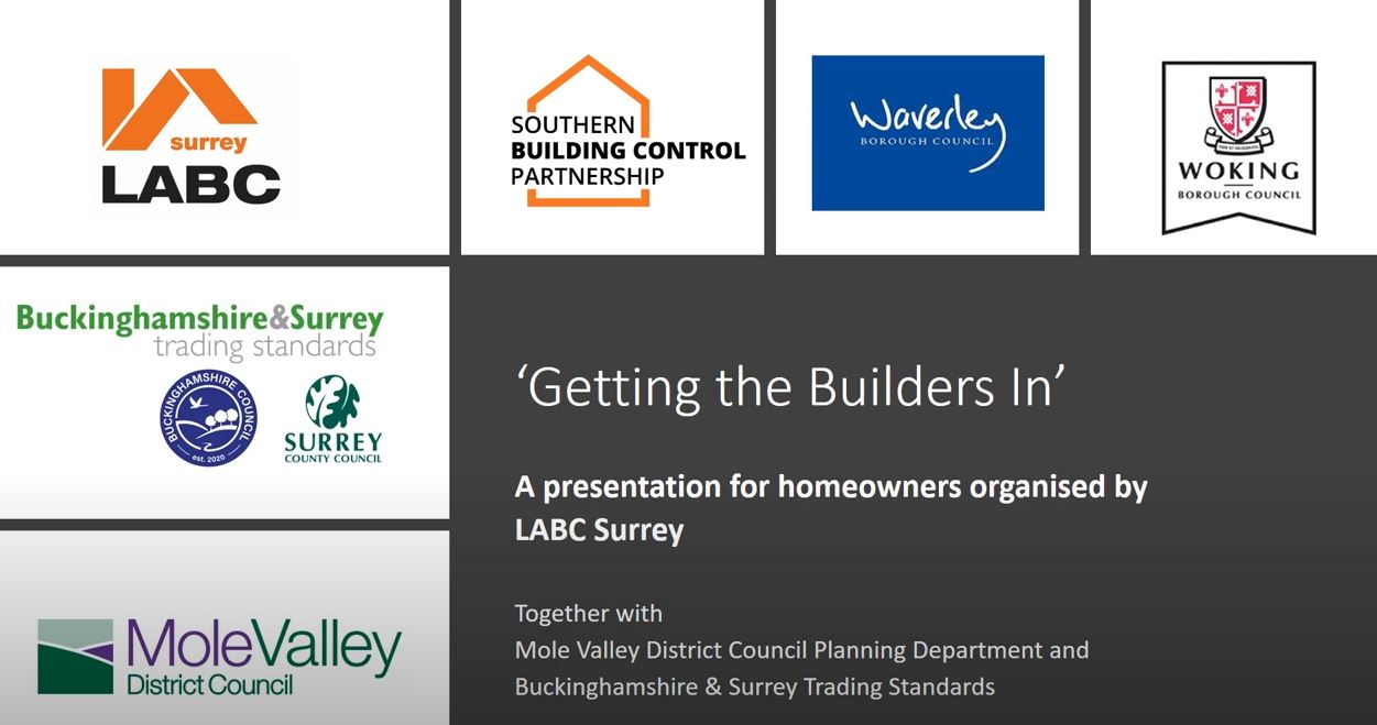 YouTube video link: A presentation for homeowners organised by LABC Surrey. Images of logos of partner bodies included